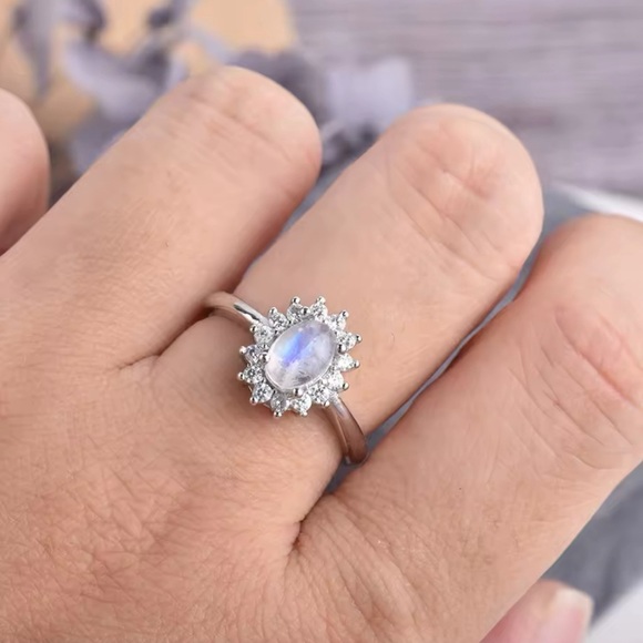 Authentic Blue Flashy Moonstone Ring Silver - Adjustable Open Ring - Picture 4 of 6